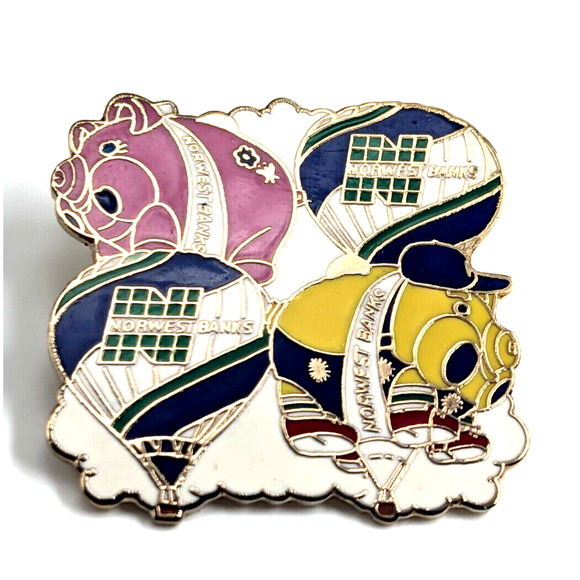 VTG Norwest Bank Pig Piggy Bank Hot Air Balloon Enamel Pin Advertise Wells Fargo - Picture 1 of 5